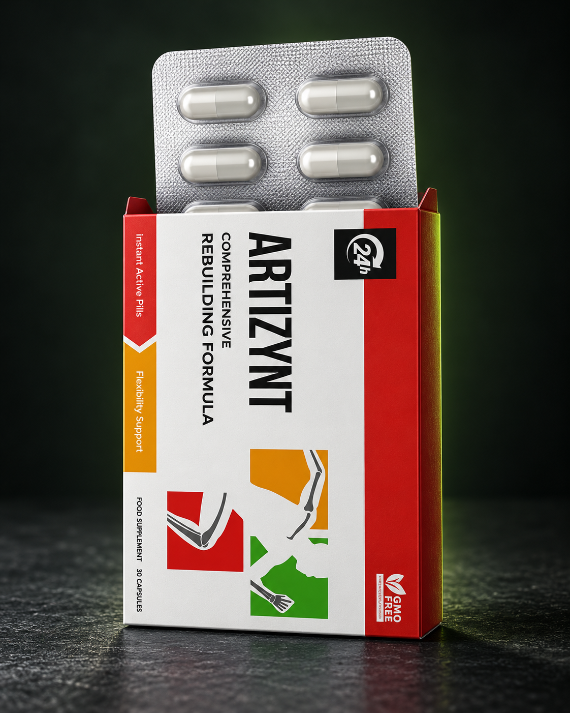 Packung ArtiZynt mit zwei Röhrchen à 15 Brausetabletten auf dunklem Hintergrund